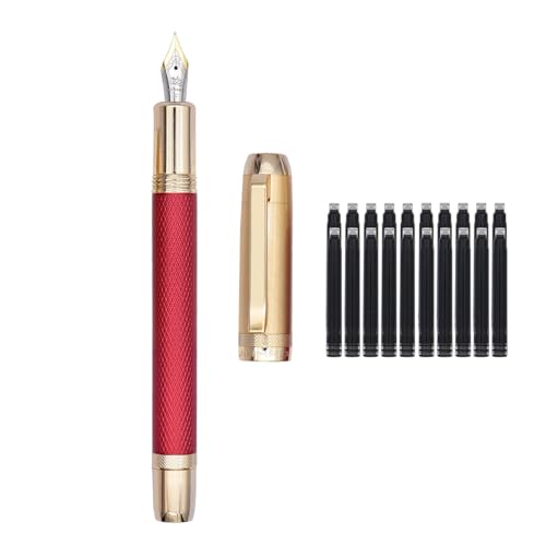 Jinhao 92 Stripes Füllfederhalter Feine Feder, Vollmetallstift mit Tintenkonverter und 20 schwarzen Tintenpatronen, Gold + Rot von SIPLIV