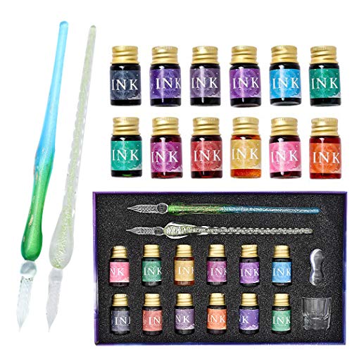 SIPLIV Füllfederhalter aus Glas, 16-teiliges Set, mit Tinte in 12 Farben, 2 Glasstifte, Reinigungsbecher und Stifthalter, Grün von SIPLIV
