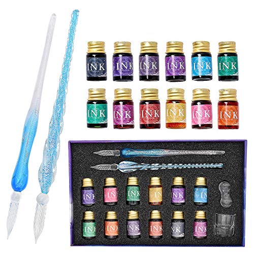 SIPLIV Füllfederhalter aus Glas, Set, mit Tinte in 12 Farben, 2 Glasstifte, Reinigungsbecher und Stifthalter, 16 Stück, Hellblau von SIPLIV