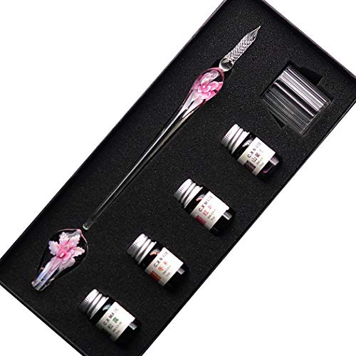 SIPLIV Handgefertigte Kristall Glas Intarsia Dip Füllfederhalter Set Kalligraphie Signaturen Stift mit 4 Farben Tinte, Stifthalter, Reinigungsbecher, Rosa SIPLIV Handgefertigte Kristall Glas Intarsia Dip Füllfederhalter Set Kalligraphie Signaturen Stift mit 4 Farben Tinte, Stifthalter, Reinigungsbecher, Rosa von SIPLIV