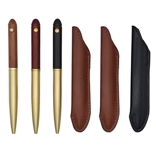 SIPLIV Handgefertigter Kugelschreiber aus Messing, Holz, Gelschreiber, schwarze Tinte, Business-Geschenk, mit PU-Leder-Stifttasche, 3er-Set (schwarz, braun, braun-rot) von SIPLIV