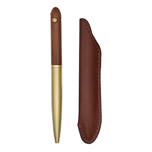 SIPLIV Handgefertigter Messing-Kugelschreiber aus Holz, schwarze Tinte, feine Spitze, einziehbar, Geschenkstift mit PU-Ledertasche, Braun von SIPLIV