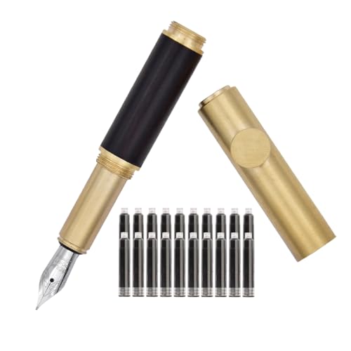 SIPLIV Handgefertigter Messing-Füllfederhalter, kurz, Mini-Taschenstift (85 mm) mit 20 schwarzen Tintenpatronen, Schwarz, feine Feder (0,50 mm) von SIPLIV