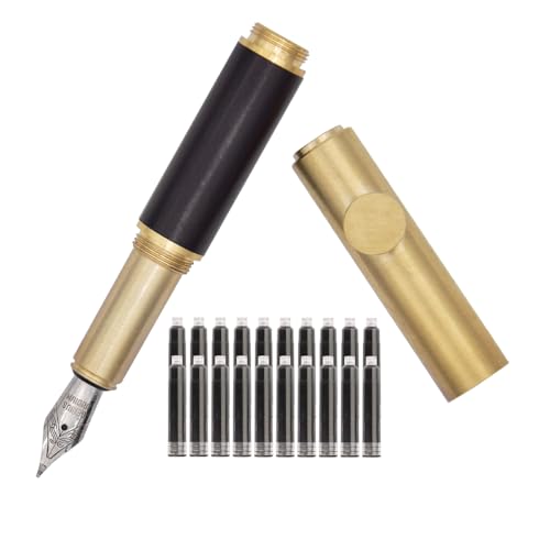 SIPLIV Handgefertigter Messing-Füllfederhalter, kurz, Mini-Taschenstift (85 mm) mit 20 schwarzen Tintenpatronen, Schwarz, gebogene Feder (1,0 mm) von SIPLIV