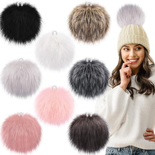 SIQUK 8 Stück 15 cm große Kunstfell-Pom-Pom-Pompons aus Kunstfell, flauschige Pompons mit elastischer Schlaufe für DIY Handwerk Hüte Beanies Schlüsselanhänger Schals Taschen, zarte Farbe von SIQUK