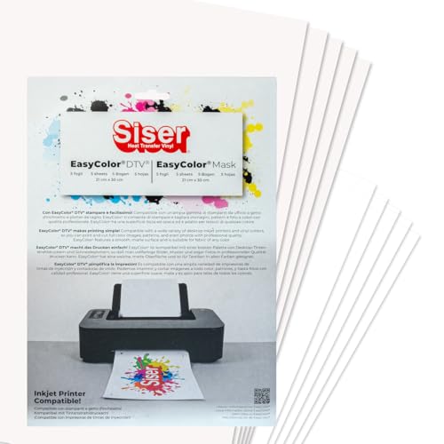 Siser Easy Color DTV Packung 5+5, thermo-transferierbare, mit Inkjet bedruckbare Folie für helle und dunkle Textilien, 5 A4-Blätter Easy Color und 5 A4-Blätter Application Tape von SISER
