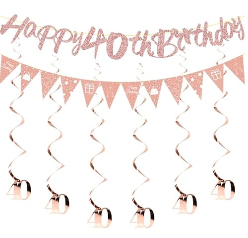 1 Stück 40. Geburtstag Partydeko Set,Luftschlangen 40 Geburtstage Frauen Deko Rosegold,Frau Girlande Spiralen, Happy Birthday Cake Topper zum 40 Geburtstag Frauen von SITERITELTD