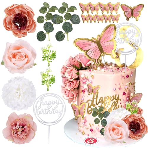 19 Stk Cake Decorations, Schmetterlinge Kuchen Happy Birthday Tortendeko, Rosa Hochzeit Blumen, Kuchendekorationen mit künstlichen Eukalyptusblüten für DIY-Geburtstagsfeiern, Hochzeiten, Valentinstag 19 Stk Cake Decorations, Schmetterlinge Kuchen Happy Birthday Tortendeko, Rosa Hochzeit Blumen, Kuchendekorationen mit künstlichen Eukalyptusblüten für DIY-Geburtstagsfeiern, Hochzeiten, Valentinstag von SIWOKJJO