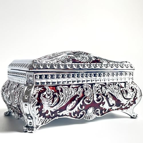 SIWOT Rechteckige, klassisch gemusterte Schmuckschatulle, Metall, Retro-Stil, europäisches Schnörkel-Design, Schatztruhe für Mädchen und Frauen (Chromrot, klein) von SIWOT