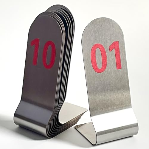 SIWOT Tischkartenhalter aus Edelstahl, 15,2 cm hoch, doppelseitig, stapelbar, vertikale Tischnummern, Metall-Tischkartenhalter (15,2 cm, Silberrot, 1-10) von SIWOT