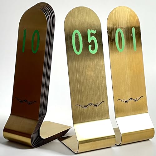 SIWOT Tischkartenhalter aus Edelstahl, 15,2 cm hoch, doppelseitig, stapelbar, vertikale Tischnummern, Metall-Tischkartenhalter (20,3 cm, Goldgrün und Schwarz, 1-10) von SIWOT