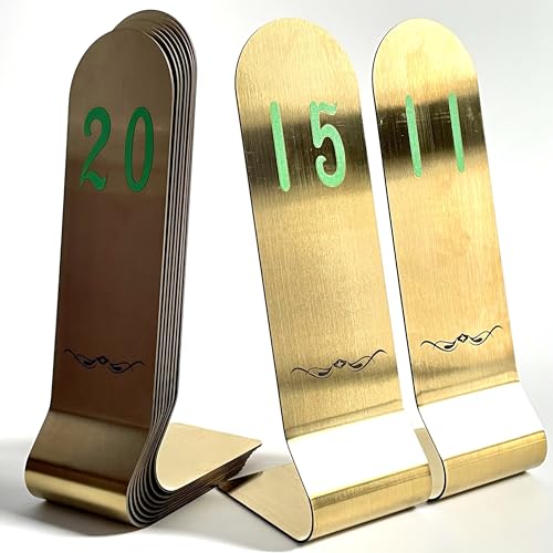 SIWOT Tischkartenhalter aus Edelstahl, 15,2 cm hoch, doppelseitig, stapelbar, vertikale Tischnummern, Metall-Tischkartenhalter (20,3 cm, Goldgrün und Schwarz, 28-50 cm) von SIWOT