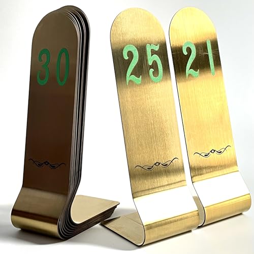 SIWOT Tischkartenhalter aus Edelstahl, 15,2 cm hoch, doppelseitig, stapelbar, vertikale Tischnummern, Metall-Tischkartenhalter (20,3 cm, Goldgrün und Schwarz, 53-76 cm) von SIWOT