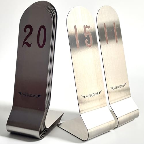 SIWOT Tischkartenhalter aus Edelstahl, 15,2 cm hoch, doppelseitig, stapelbar, vertikale Tischnummern, Metall-Tischkartenhalter (20,3 cm, Silberbraun und Schwarz, 28-50 cm) von SIWOT