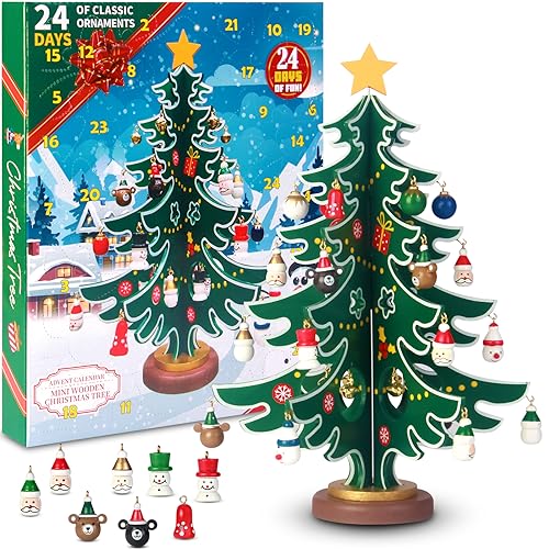 SIXVALA Weihnachts-Adventskalender mit einem Tisch aus Holz und 30 Weihnachtsschmuck, 24 Tage Countdown Weihnachtsbaum Adventskalender Set, Weihnachtsgeschenk Xmas Party Supplies für Kinder von SIXVALA