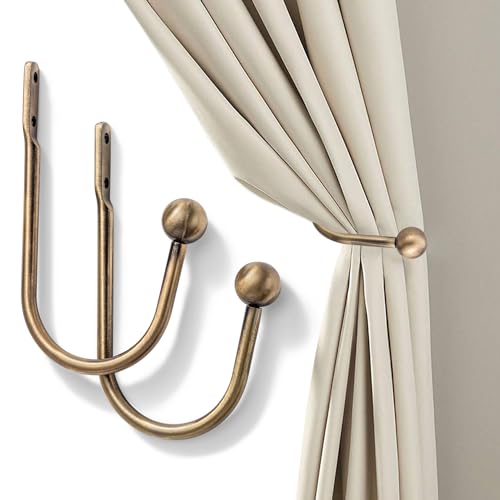 Vorhanghalter, 2 Stück, wandmontierte Vorhang-Raffhalter mit Schrauben, strapazierfähig, Metall, dekorativer Fenstervorhanghalter, Vorhanghaken, Gardinenhalter Wand (Messing) von SIXZOONM