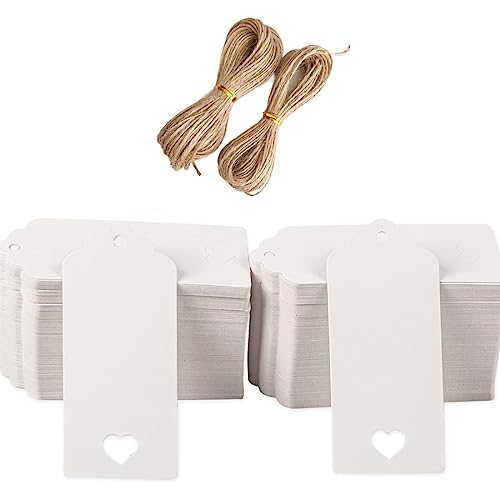 SJBAUTYO Geschenkanhänger Hochzeit Anhänger Kraftpapier Etiketten 9,5 x 4,5 cm, 100 Stück und Juteschnur, für Valentinstag Weihnachten Geschenkverpackung (Weiß) von SJBAUTYO