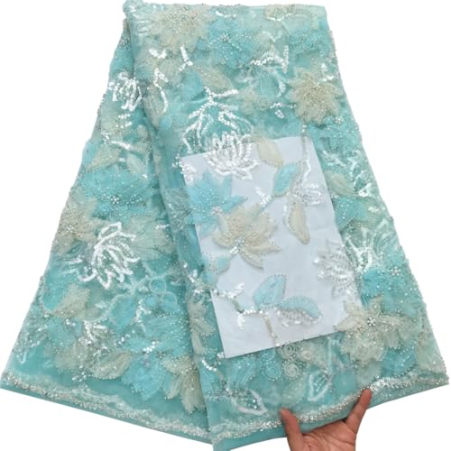 SJD LACE Afrikanischer Spitzenstoff, 4,5 m, nigerianische Jacquard-Stickerei, Textil-Mesh-Spitzenstoff mit Perlen und Pailletten, für Partykleid, Nähen von SJD LACE