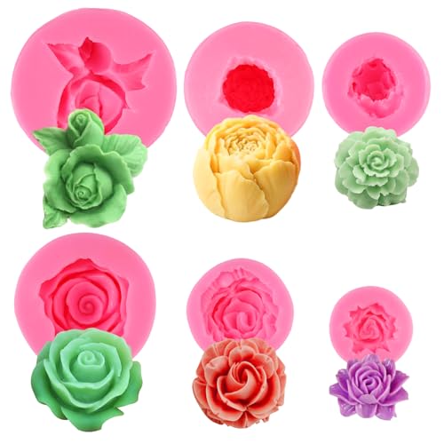 6 Stück 3D Silikonformen Blumen Kerzengießformen, 6 Muster Silikonform Kerzen, Pfingstrose Silikonform Rose Blume, Silikonform Fondant Rosen, Leicht Zu Entformen für DIY Handgefertigten, Kuchen von SJHJYIO