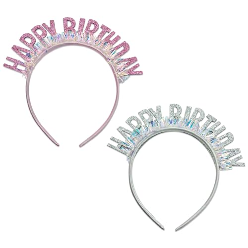 SJUIEO 2-teiliges Happy Birthday-Stirnband-Set – funkelnde Party-Haar-Accessoires, elastisches, rutschfestes Design, Mädchen-Stirnbänder für Geburtstage, Hochzeiten und Festivals (Silber + Pink) von SJUIEO