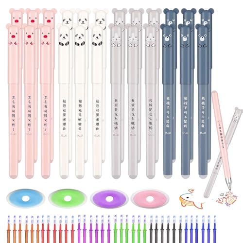 SJUNJIE 24 Stück Radierbarer Kugelschreiber 0.5mm Radierbare Stifte mit 48 Verschiedene Tintenfarbnachfüllungen und 4 Radiergummis Cartoon Radierbarer Tintenroller für Kinder Schulsachen Büro von SJUNJIE