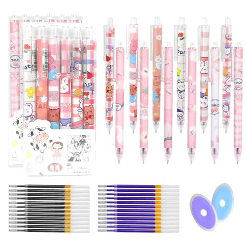 SJUNJIE 38PCS radierbare Gelstifte, 12 radierbare Kugelschreiber, 24 0,5 mm radierbare Kugelschreiberminen Cartoon-Stifte für Studenten, Kinder, Erwachsene in Schule und Büro (Blau, Schwarz) von SJUNJIE