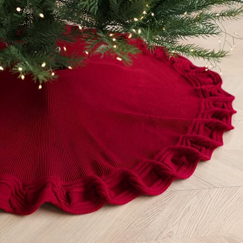 SJUNJIE 90 cm Christbaumdecke Kreisförmig Stricken Weihnachtsbaumdecke für Deko Weihnachten Weihnachtsbaumrock für Weihnachtsheimparty Dekoration Verwendet (Rot) von SJUNJIE