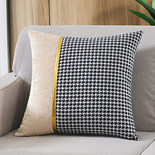 Dekorative Kissenbezüge mit Hahnentrittmuster, 2 Stück, Kissenbezüge mit goldenen Lederstreifen, quadratischer Kissenbezug for das Sofa (A, 60 x 60 cm)(Beige,60x60cm) von SJZHUYUE
