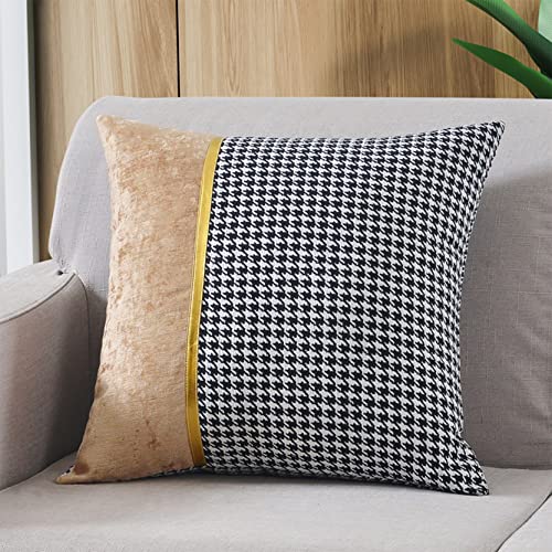 Dekorative Kissenbezüge mit Hahnentrittmuster, 2 Stück, Kissenbezüge mit goldenen Lederstreifen, quadratischer Kissenbezug for das Sofa (A, 60 x 60 cm)(Camel,45x45cm) von SJZHUYUE