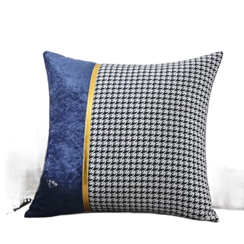 Dekorative Kissenbezüge mit Hahnentrittmuster, 2 Stück, Kissenbezüge mit goldenen Lederstreifen, quadratischer Kissenbezug for das Sofa (A, 60 x 60 cm)(Dark Blue,60x60cm) von SJZHUYUE