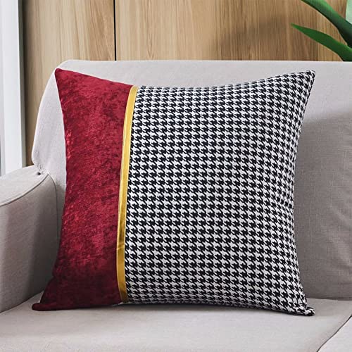 Dekorative Kissenbezüge mit Hahnentrittmuster, 2 Stück, Kissenbezüge mit goldenen Lederstreifen, quadratischer Kissenbezug for das Sofa (A, 60 x 60 cm)(Wine Red,45x45cm) von SJZHUYUE