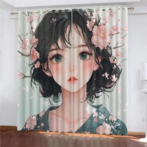 SK-YBB Blickdichte Vorhang 160x140cm Breite Schönheit Kinder Cartoon Dekor Fenstervorhang leichte Mikrofaser Schlafzimmer Dekor Kirschblüten von SK-YBB