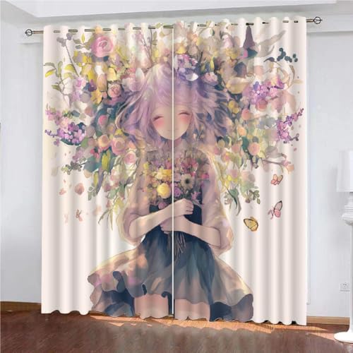 SK-YBB Vorhänge Blickdicht 160x140cm Blume Thermovorhang Gemustert Blickdichte Vorhänge Mädchen Vorhang Kinderzimmer 2Er Set Thermo Verdunklungsvorhänge von SK-YBB