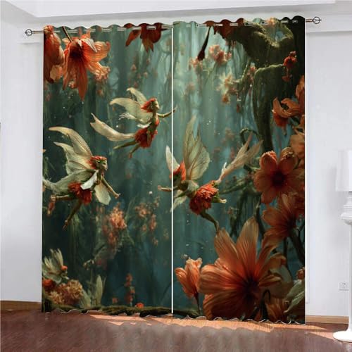 SK-YBB Vorhänge Blickdicht 160x140cm Blumenfee Thermovorhang Gemustert Blickdichte Vorhänge Tier Vorhang Kinderzimmer 2Er Set Thermo Verdunklungsvorhänge von SK-YBB