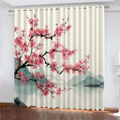 Vorhang Kinderzimmer Schlafzimmer Wohnzimmer Gardinen Mit Ösen Kirschblüten Vorhänge Blickdicht 214x264 cm Landschaft für Kinderzimmer Wohnzimmer 2Er Set von SK-YBB