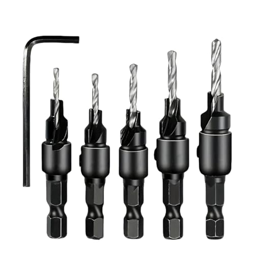5-teiliges Senkbohrer-Set für die Holzbearbeitung, Bohren von Pilotlöchern für Schraubengrößen Nr. 5, Nr. 6, Nr. 8, Nr. 10, Nr. 12, Fräser für Schraubenlochbohrer (HSS Silber 5–12) von SKFGNX