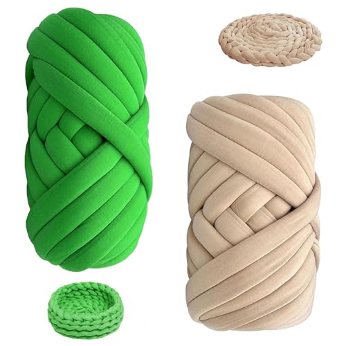 SKIKHN 2 Stück Armstricken Wolle, 500g/25m Chunky Wolle zum Handstricken, Polyester XXL Chunky Yarn, DIY Garn Strickwolle Handstrickgarn für Taschen, Decken, Tasche, DIY-Kunsthandwerk (Grün+Khaki) von SKIKHN