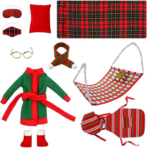 SKIKHN Wichtel Zubehör Weihnachten, 11 Stück Weihnachtself Zubehör, Puppen Zubehör Weihnachtselfen, Elf Hängematte, Schlafsack, Schürze, Schal, Brille, Augenmaske, Schuhe, Bademantel, Elf Kleidung SKIKHN Wichtel Zubehör Weihnachten, 11 Stück Weihnachtself Zubehör, Puppen Zubehör Weihnachtselfen, Elf Hängematte, Schlafsack, Schürze, Schal, Brille, Augenmaske, Schuhe, Bademantel, Elf Kleidung von SKIKHN