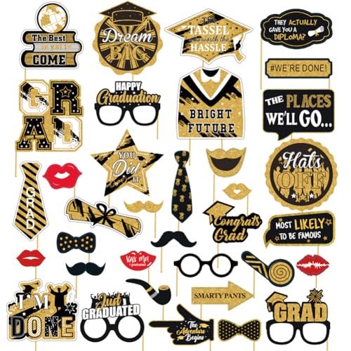 2025 Abschluss Fotobox Accessoires, 35 Stück Abschlussfeiern Fotobox Accessoires Deko, Props Graduation Foto Requisiten Doktorhut Brillen Lippen Krawatte Masken für 2025 Abschluss Deko Graduation von SKIPTHYBER