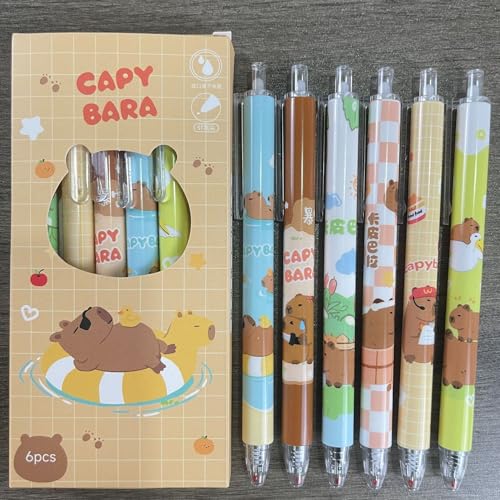 SKIPTHYBER Capybara Stifte, 6 Stück Gel Tintenstift, Niedlicher Capybara Stift, Stiftspitze 0,5mm Gel Pen Set Kompatibel, Kugelschreiber Schule Bürobedarf für Teen (Schwarz) von SKIPTHYBER