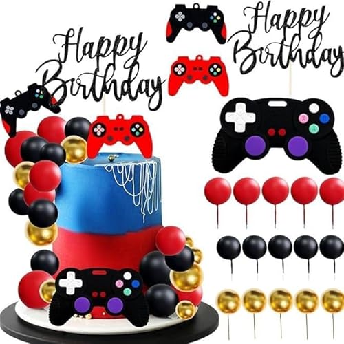 Videospiel-Kuchenaufsätze, 19 Stück, Gaming-Kuchendekoration, Kuchendekorationskugel für Happy Birthday Dekoration, Jungen-Spiel-Partyzubehör von SKIPTHYBER