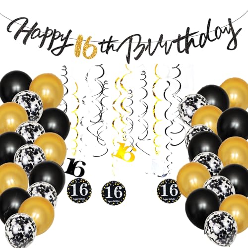 16th Birthday Decoration Kit, Happy 16th Birthday Banner Bunting Swirls Streamers, Triangle Flag Banner for Party Decorations Supplies Black and Gold (Happy 16th Birthday) von SKIRUP
