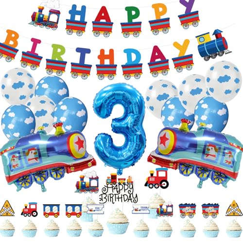 3. Geburtstag Dekorationen für Jungen, Partyzubehör mit Zahlen, Folienballons, Geburtstagsbanner, Latexballons für Kinder, Zug-Party-Dekoration (3 Jahre altes Geburtstag) von SKIRUP