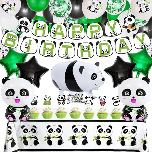 Panda Party Supplies Folienballon-Set beinhaltet Happy Birthday Banner Walking Panda Cupcake Topper Stern Tischdecke Abdeckung für Geburtstagsparty (Junge) von SKIRUP