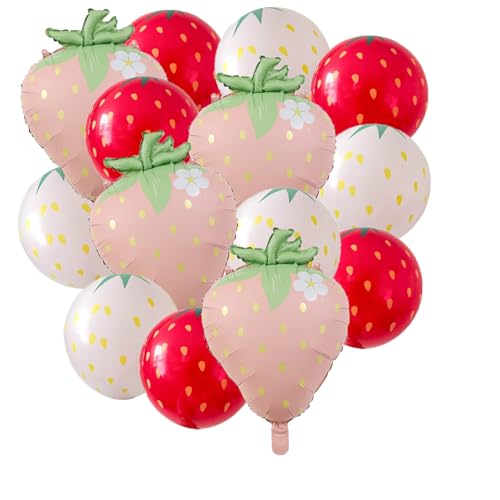 SKIRUP 14 Stück Erdbeer-Luftballons, Latex-Folienballons, Shortcake-Party-Dekorationen für Mädchen, Sweet One 1. Geburtstag, Sommerfrucht-Partyzubehör (rosa Erdbeer-Ballon-Kit) von SKIRUP