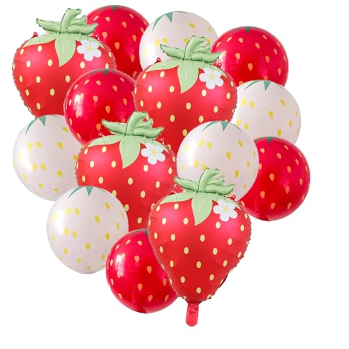 SKIRUP 14 Stück Erdbeer-Luftballons, Latex-Folienballons, Shortcake-Party-Dekorationen für Mädchen, Sweet One 1. Geburtstag, Sommerfrucht-Partyzubehör (rotes Erdbeer-Ballon-Set) von SKIRUP