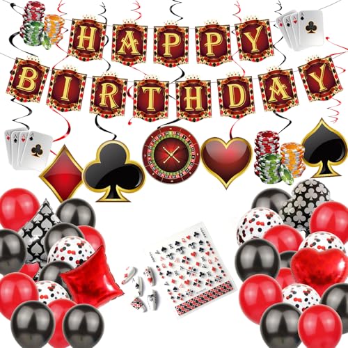 SKIRUP Casino Party Dekorationen Set, Poker Thema Banner mit Konfetti Ballons, Nagel Aufkleber Hängende Spirale Nacht Casino Geburtstag Rot Schwarz Party Supplies von SKIRUP