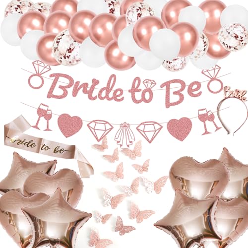 SKIRUP Junggesellinnenabschied-Dekorationen – Roségold, Brautparty, Party-Dekor und Zubehör, Set mit Schärpe, Banner, Diadem, 3D-Schmetterling-Konfetti-Herz-Stern-Ballons von SKIRUP