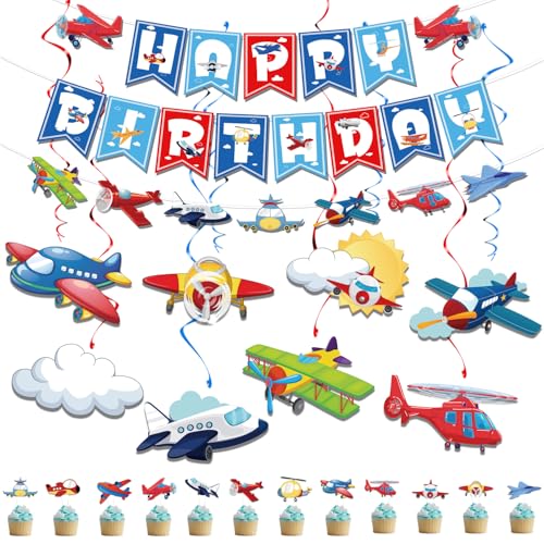 Skirup Party-Dekoration mit Fliegermotiv, "Happy Birthday"-Banner und Girlande, Cupcake-Topper, Flugzeuge, hängende Wirbel, Flugzeug-Folienballons für Up-Up- und Away-Party, Skirup Party-Dekoration mit Fliegermotiv, "Happy Birthday"-Banner und Girlande, Cupcake-Topper, Flugzeuge, hängende Wirbel, Flugzeug-Folienballons für Up-Up- und Away-Party, von SKIRUP