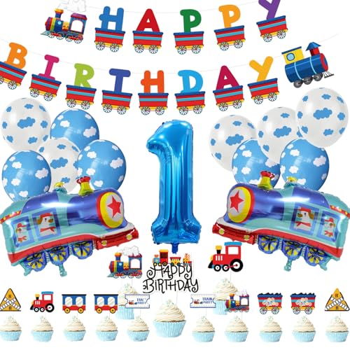 Zug-Dekoration zum 1. Geburtstag, Jungen, Partyzubehör mit Zahlen, Folienballons, Geburtstagsbanner, Latex-Luftballons für Kinder, Zug-Party-Dekoration (1 Jahr Geburtstag) von SKIRUP